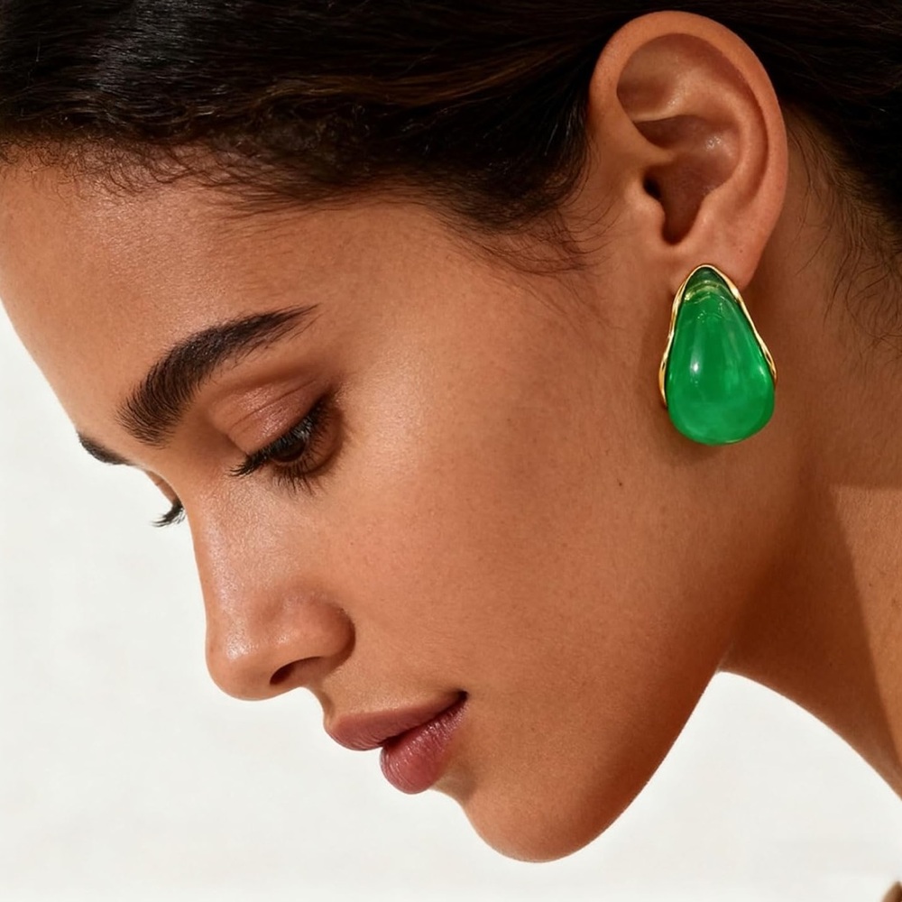 Crescent Green Gold Drop Earrings
